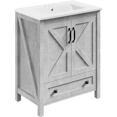 30" Bathroom Vanity with Ceramic Sink, Modern Freestanding Vanity Cabinet with 2 Doors & Drawer, Wood Storage for Bathroom, Grey