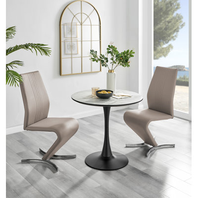 Eubanks White Marble Effect Melamine Round 80cm Dining Table And Chairs - 2 Faux Leather Dining Chairs