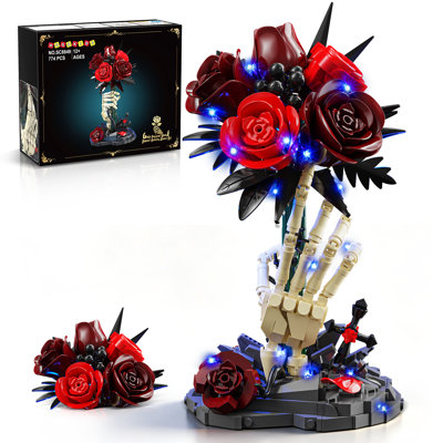 774PCS Gothic Flower Building Set with LED Light, Skeleton Hand Rose Building Blocks, Display Model Home Decor