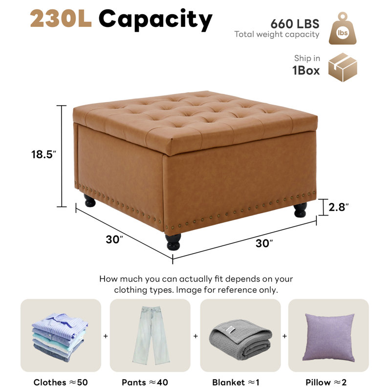 Arshi 30'' Tufted Square Storage Ottoman, Honey Brown Faux Leather