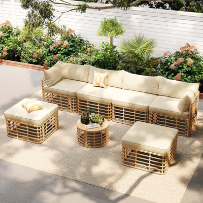 Mobilier de patio extérieur 7 pièces, canapé modulaire en rotin toutes saisons avec coussins et coussins épais, ensembles de conversation librement combinés pour le jardin, la cour, le balcon et le brun