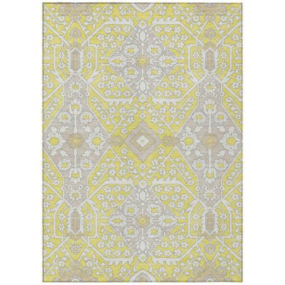 5' X 8' Yellow Ivory And Beige Floral Washable Indoor Outdoor Area Rug