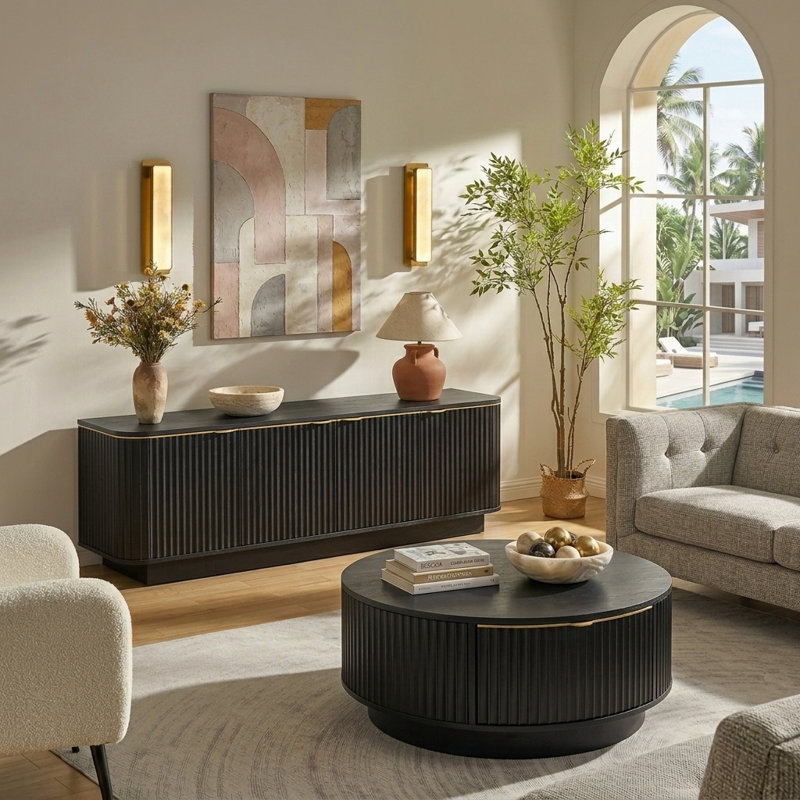 Ensemble de meuble télé et de table basse de salon 2 pièces, pour téléviseur de 70 po ou moins, console média cannelée et table de rangement ronde de style campagne moderne