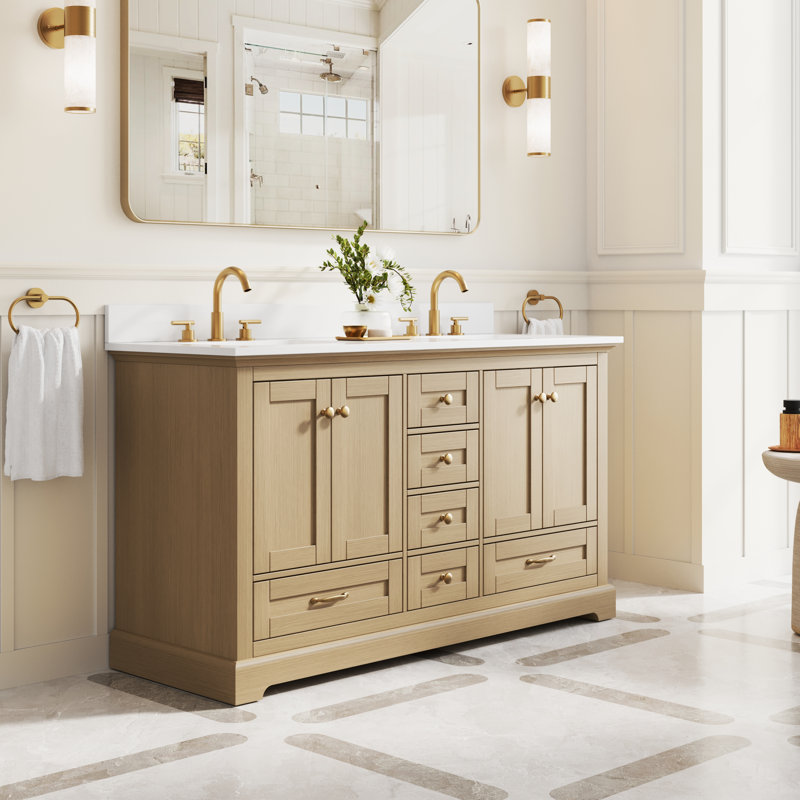 Meuble-lavabo sur pied l 60 po x H 34,2 po avec comptoir en marbre de culture blanc et lavabo, chêne, Chêne, Doré, 60"