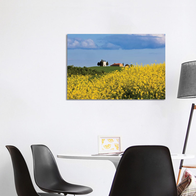 Italy, Tuscany, Val D'Orcia. Chapel Of Vitaleta And Farmhouse. by Jaynes Gallery - Wrapped Canvas Print