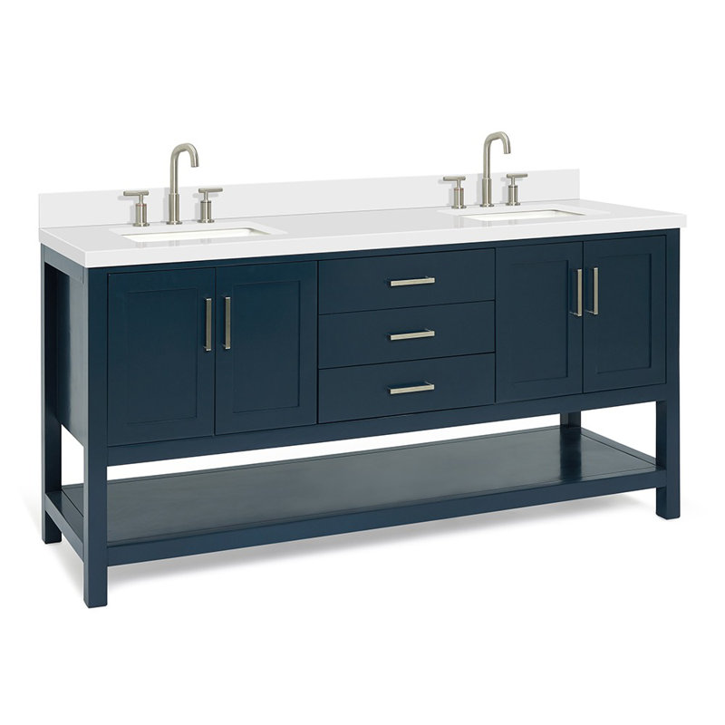 Meuble-lavabo double 73 po Magnolia avec comptoir en quartz blanc pur 1,5 po et lavabo rectangulaire, Rectangular
