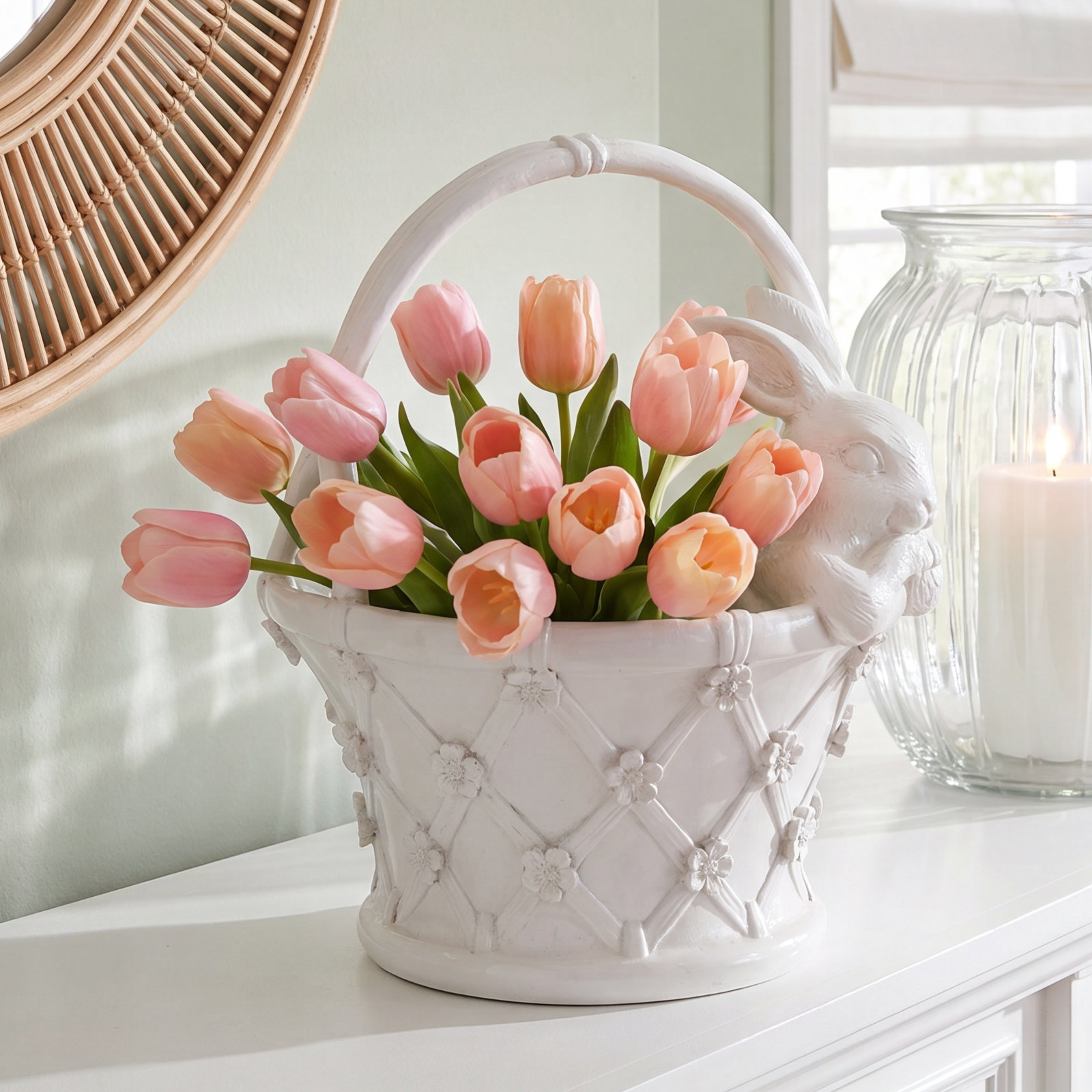 11" Resin Floral Basket With Bunny