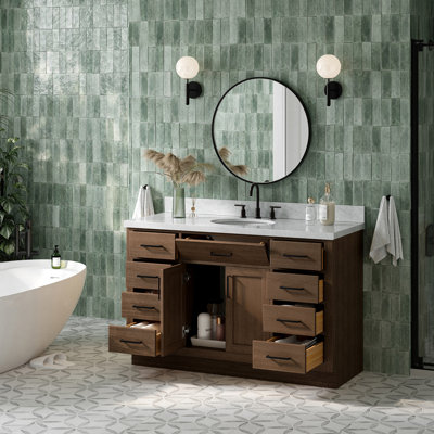 Meuble-lavabo simple en bois massif 54 po avec lavabo en marbre Carrara de 1,5 po Thornaby