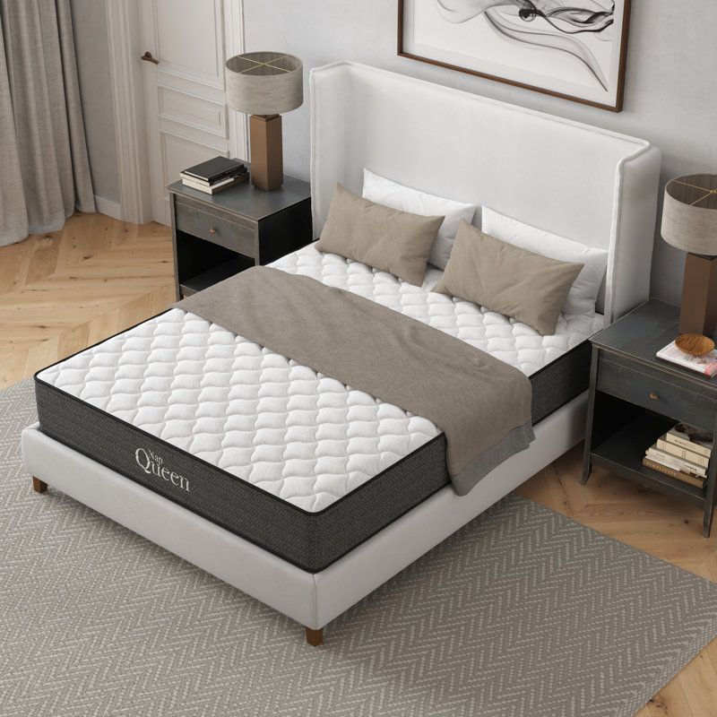 Matelas double de 12 pouces, gel rafraîchissant, pour le soulagement et la détente, transfert de mouvement faible, eau, cadre de base ajustable, aspect gris et blanc, rembourrage en mousse à mémoire de forme, mousse et ressorts