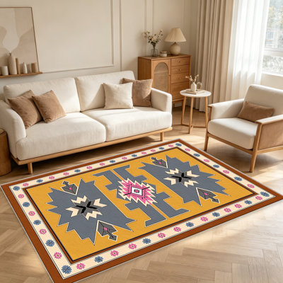 Tapis jaune moutarde et gris pour le salon, doux et confortable, convient à toutes les saisons, facile à entretenir, tapis d'intérieur lavable à la machine, sous la table de ferme convenant à la chambre à coucher, à la salle à manger, au bureau, au balcon et au patio