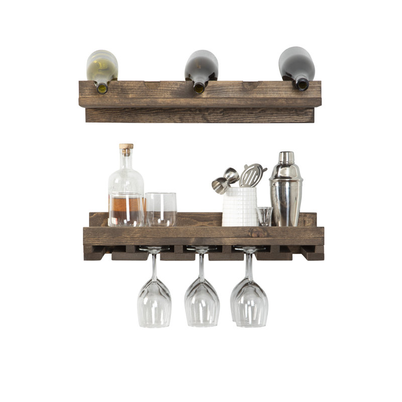 Support à vin à et à verres à fixation murale en bois massif Blende, Noyer foncé, H 4,25 po x l 24 po x P 10 po