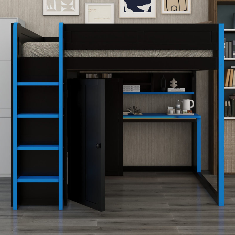 Kids Full Loft Bed, Black+Blue