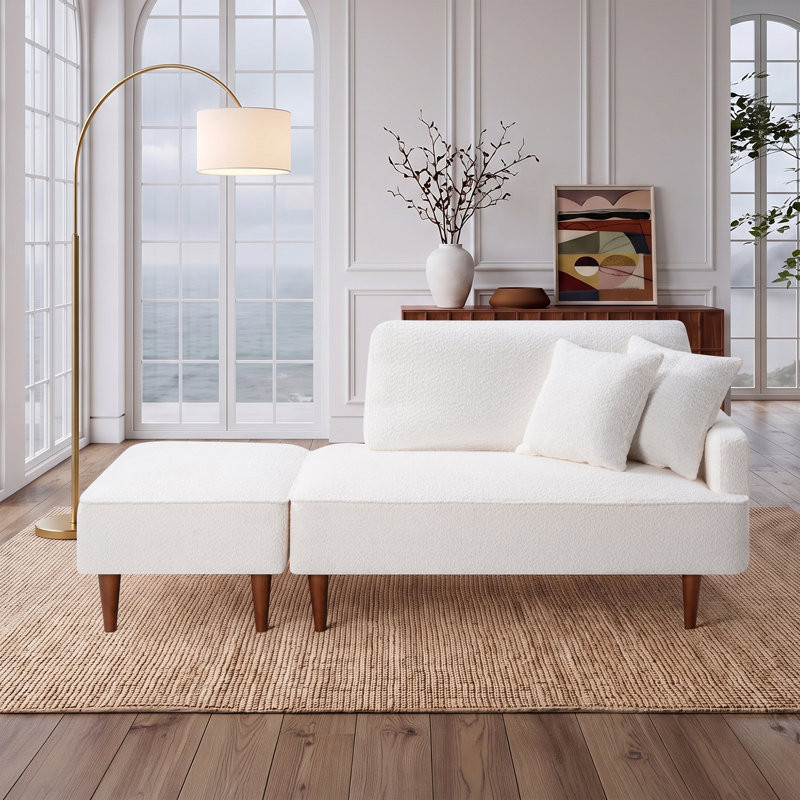 Chaise longue et tabouret rembourrés Mashawna, Beige bouclé