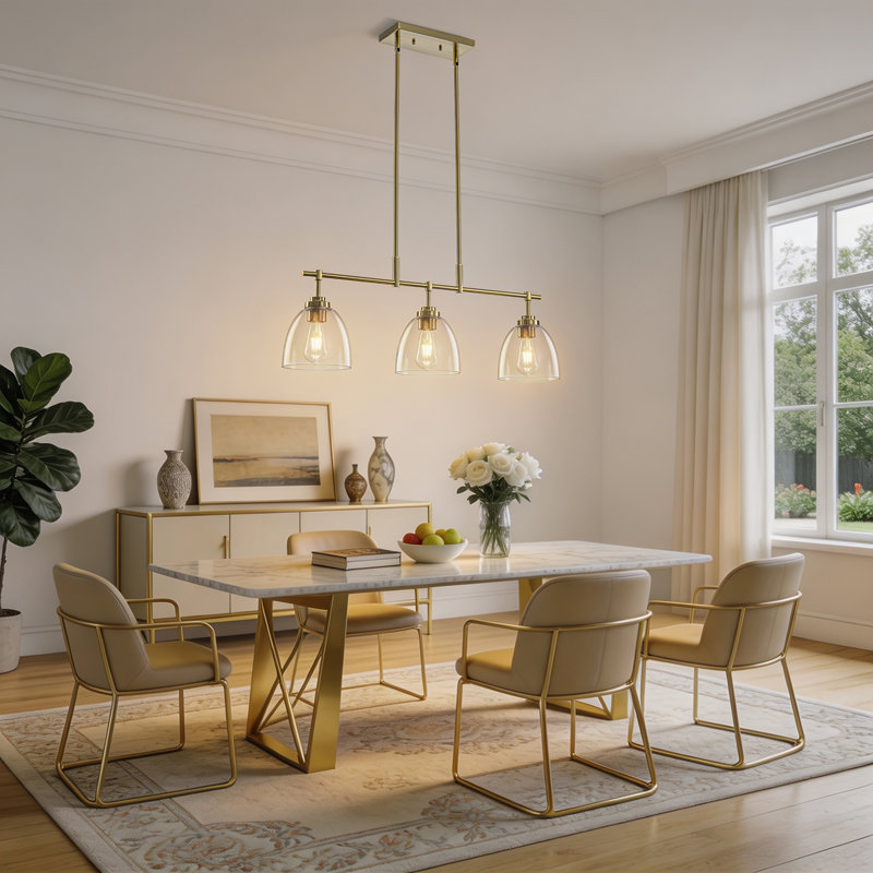 Suspension linéaire à 3 lumières pour îlot de cuisine avec abat-jour en verre transparent, Doré