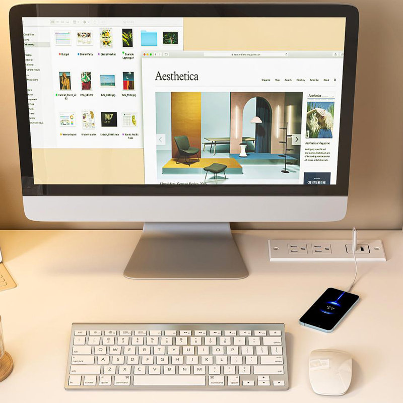 White Computer Desk With 4-in-1 Socket