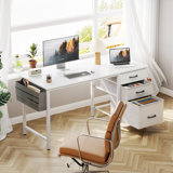 40" Small Computer Home Office Desk For Bedroom With Fabric Drawers & File Cabinet, Cloth Storage Bag And Hook, Writing Study Work Table For Small Space, White