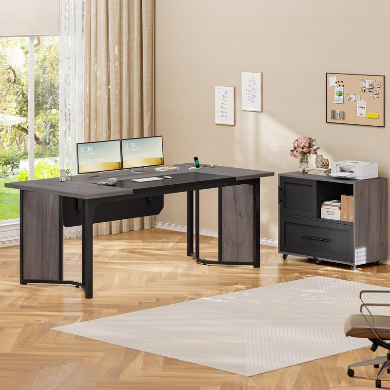 Bureau de direction 63 po avec classeur mobile, bureau en L avec prises de courant, poste de travail d'ordinateur en coin