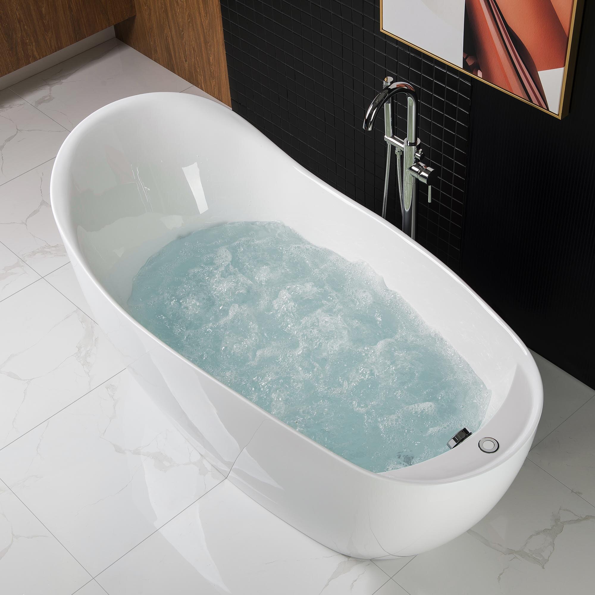 ᐅ【WOODBRIDGE 67 Contemporary Freestanding Acrylic Air Bubble Soaking  Bathtub with Matte Black and Drain B0101-MB-WOODBRIDGE】