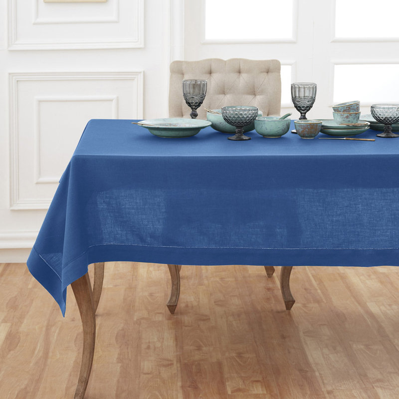 100% Pure Linen Hemstitch Table Cloth - Classic Hemstitch, Indigo Blue, 120" x 60"