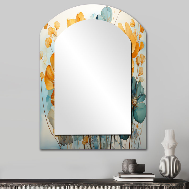 Teal orange Botanical Fragments I - miroir mural arqué Botanicals, miroir décoratif asymétrique moderne, impression d'art en métal
