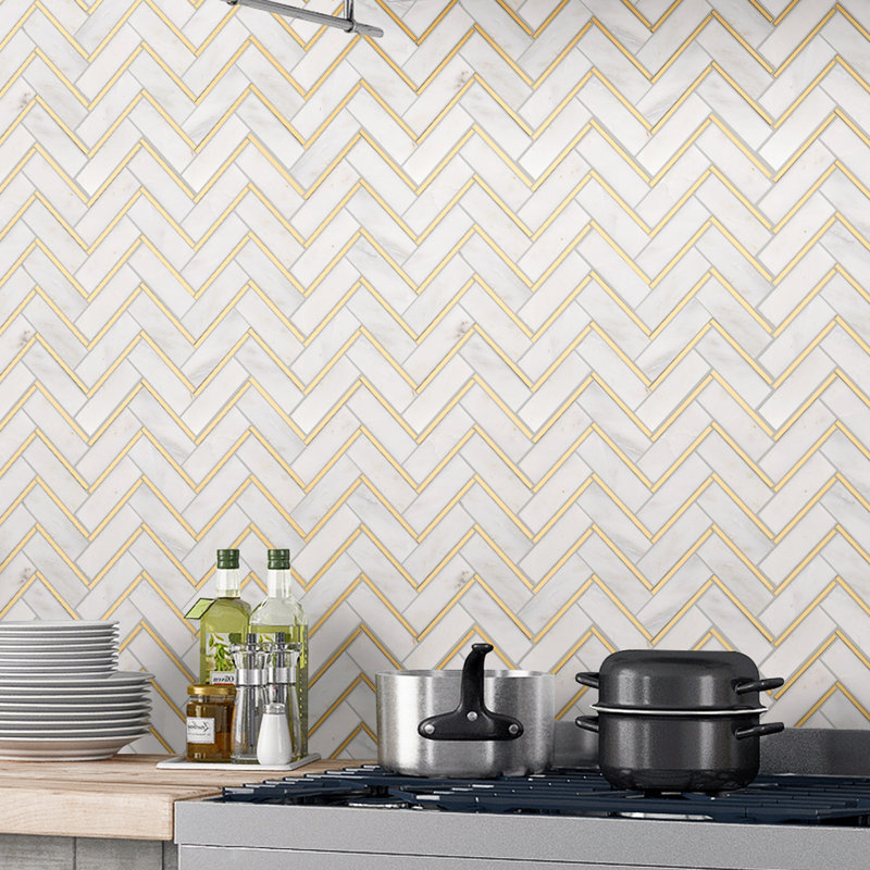 Natural Bianco 1" x 3" Marble Chevron Mosaic Wall Tile, White/Gold