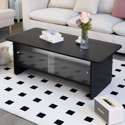 Rectangular Coffee Table with Fluted Glass Sliding Doors – Black