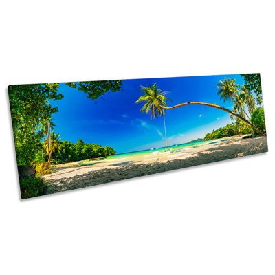 Tropical Beach Palm Tree Print PANORAMA CANVAS WALL ART Picture Blue