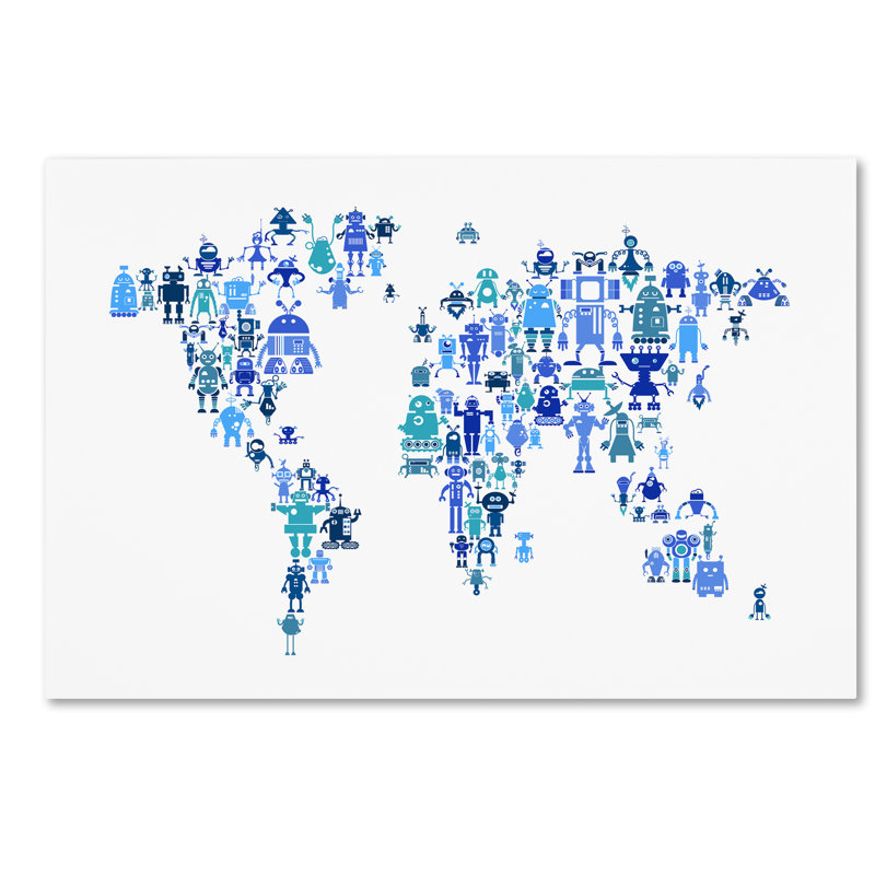 « robot map of the world », art sur toile Jayceson, H 30 po x l 47 po x P 2 po