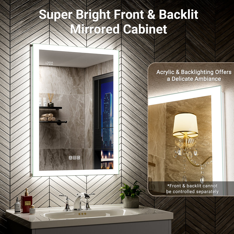 72X30" LED Medicine Cabinet With Double Lights-Front & Backlit, 155°Soft-Close Hinge,  Dimmable Lights, Outlet, Clock & Sensor Light, Anti-Fog