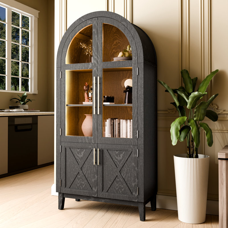 74.8" Tall Arched Storage Cabinet, 5-tier Arched Bookcase With Human Body Sensor, 3 Color Lights Display Cabinet With Glass Door For Living Room Office Wood Black