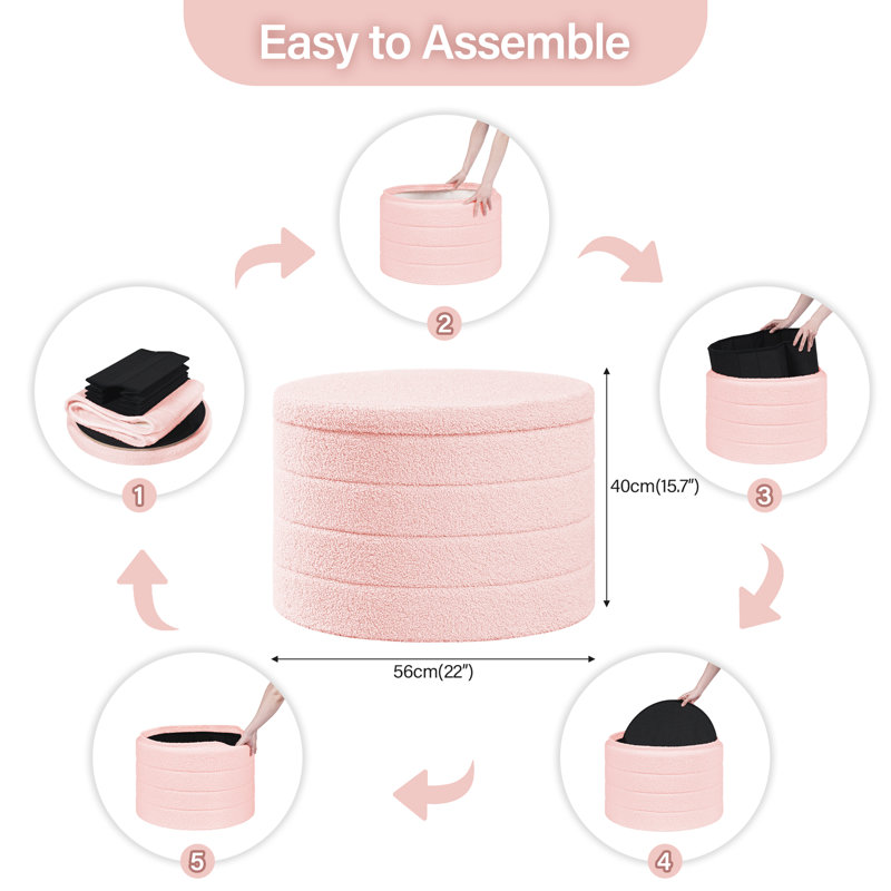 Collapsible Storage Ottoman Round with Tray Teddy Fabric Living Room Bedroom Ottoman with Storage, Pink