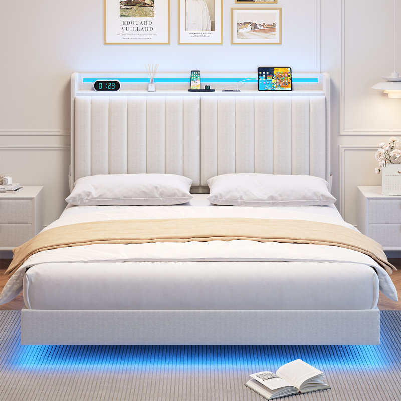 Floating LED Bed Frame With Hidden Storage Headboard, RGB Light, USB-C Charging Station, Velvet Platform Bed No Box Spring Needed