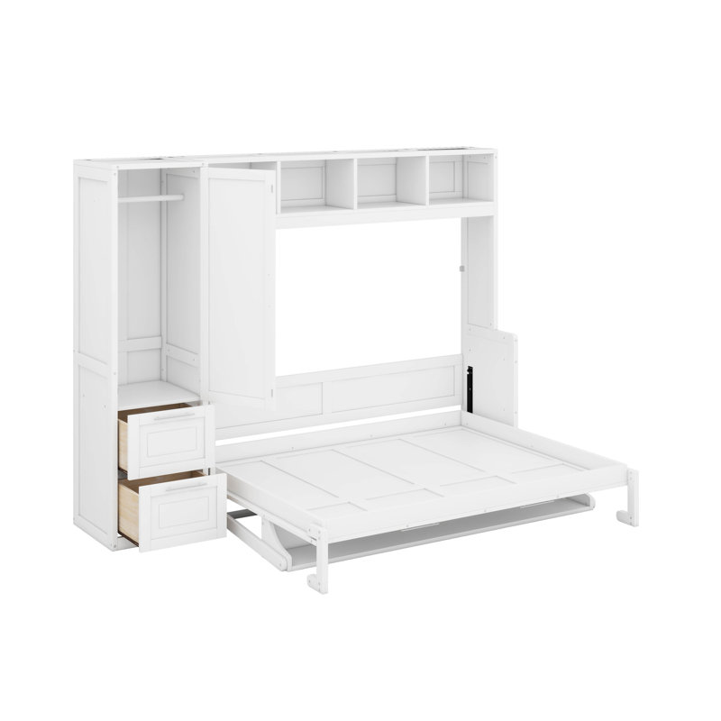 Grand lit escamotable avec placard et tiroirs, Blanc