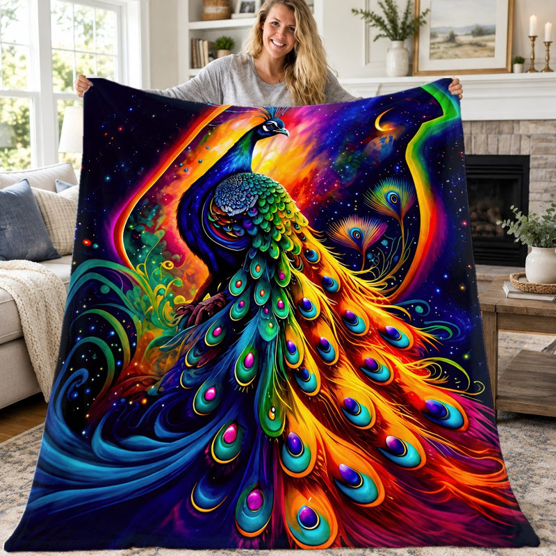 1pc Vibrant Peacock Blanket, Psychedelic Galaxy Peacock Print Flannel Throw, Ultra Soft Cozy Lightweight Blanket for Sofa Couch Bed Living Room Dorm Office Travel, Home Decor All‑Season Blanket,, Gift