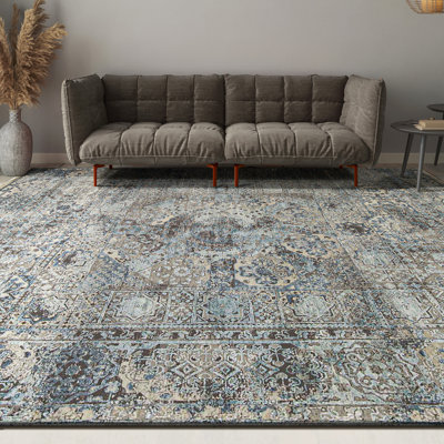 Tapis gris / bleu en laine / soie noué à la main