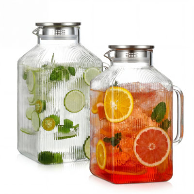 Paquet de 2 distributeurs de boissons carrés en verre de 1 gallon, grands pichets transparents de 3800 ml avec poignée pour boissons glacées à la limonade