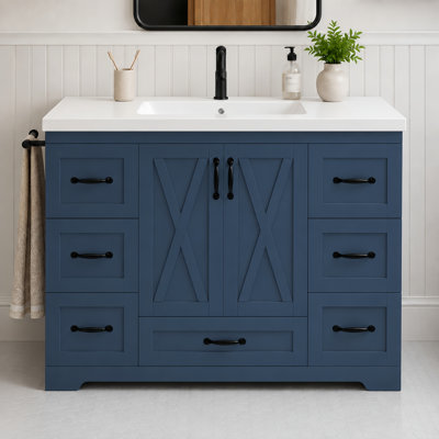 Meuble-lavabo de 48 po avec lavabo, meuble de salle de bain autoportant bleu marine avec plateau en céramique, dosseret, 7 rangements
