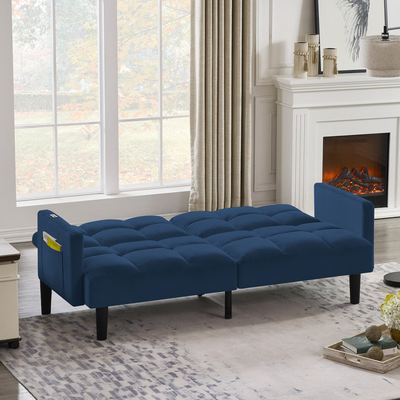 Velvet Futon Couch Convertible Folding Sofa Bed Tufted Couch For Apartment, Navy Blue