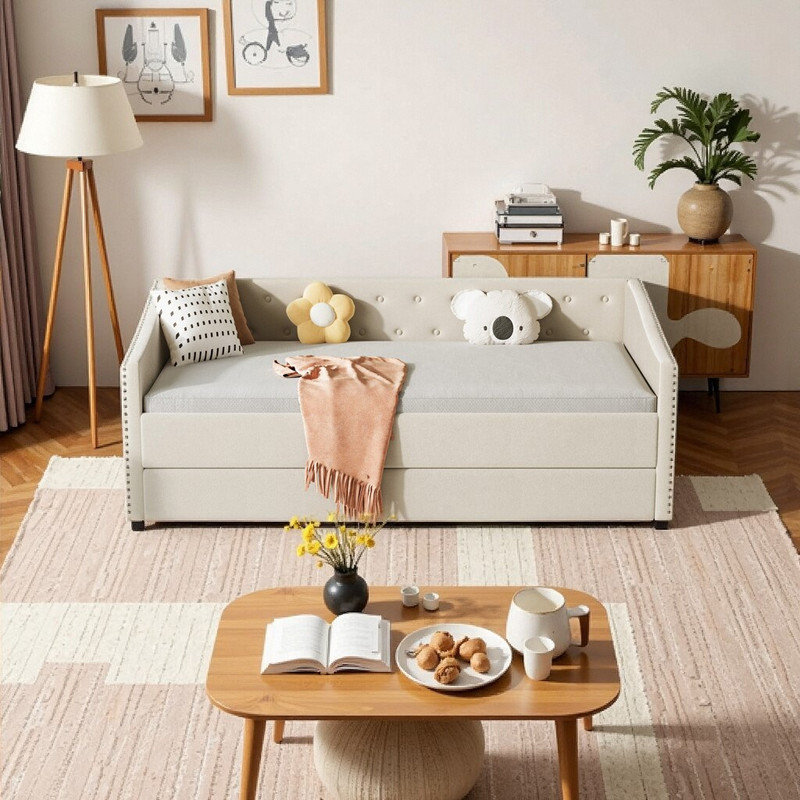 Divan-lit simple avec couchette et rangement, Beige, Lit simple