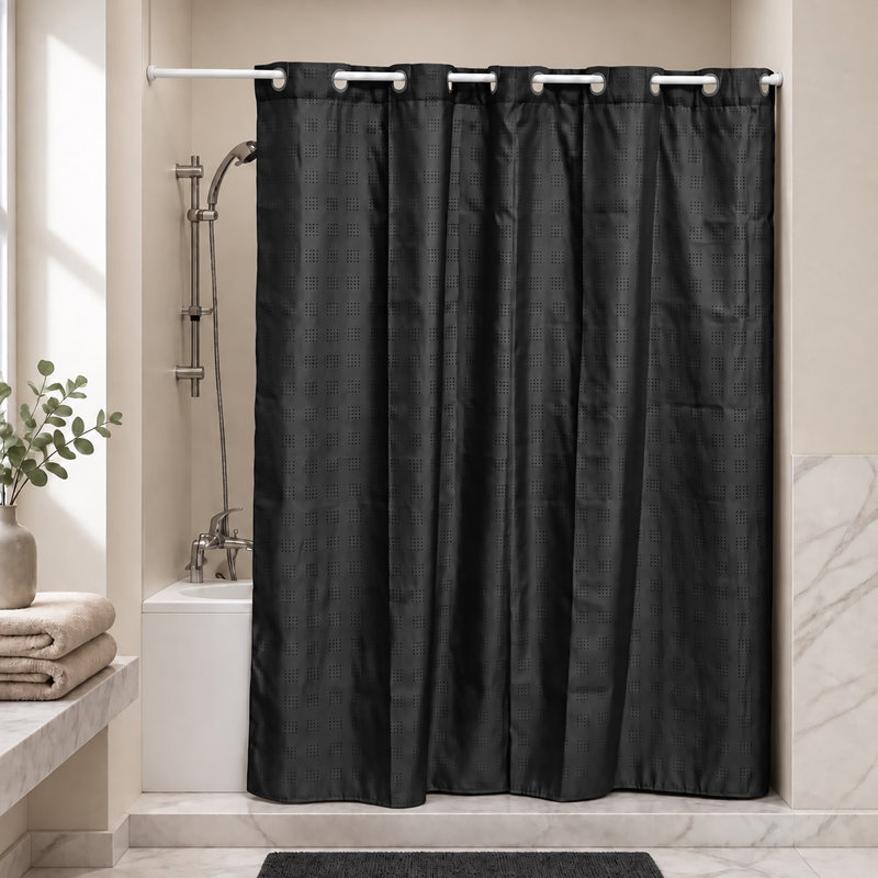 Cubic Hookless Extra Long Shower Curtain Polyester, Black