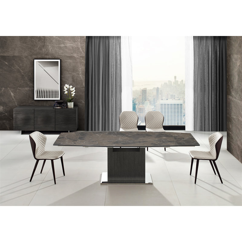 Transitional Extendable Dining Table in Gray Oak and Brown Marble