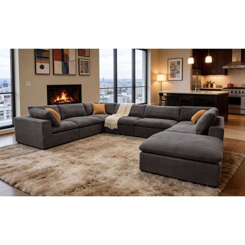Grain de café modulaire entièrement rembourré avec coussins décoratifs, Mélange de polyester - gris clair