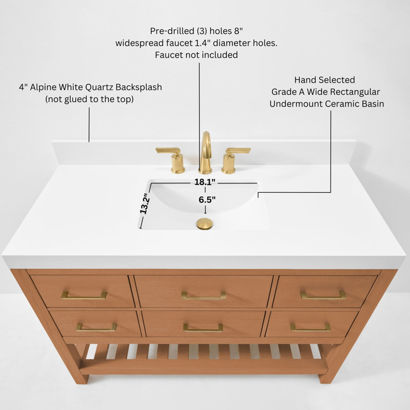 Elizabeth 48'' W Single Vanity, Pure White Quartz, Sienna/Rose Gold