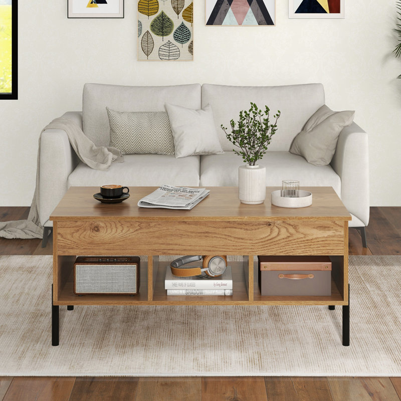 Lift Top Coffee Table with Metal Legs Rising Center Table with Hidden Compartment & 3 Open Cubbies