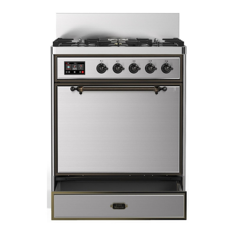 Majestic III Series 30 Inch Dual Fuel Range with 5 Sealed Burners in White (Liquid Propane, Burnished Trim), Stainless Steel