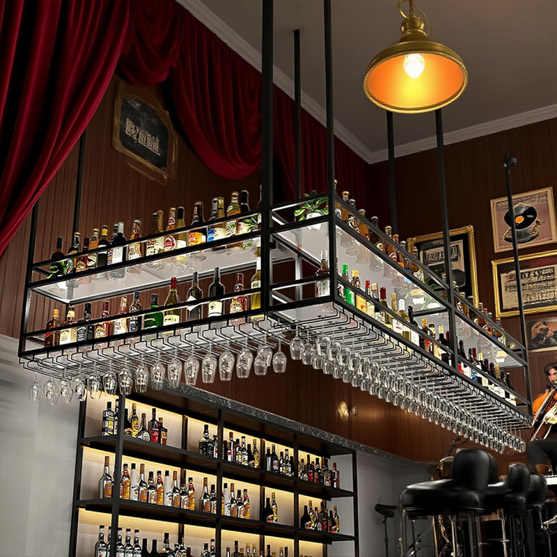 Support à verres à vin de 59 po avec lumière, support à vin suspendu en acrylique avec support en verre et tablettes transparentes, porte-bouteilles, porte-verres à pied et porte-verres à pied moderne (150 cm)