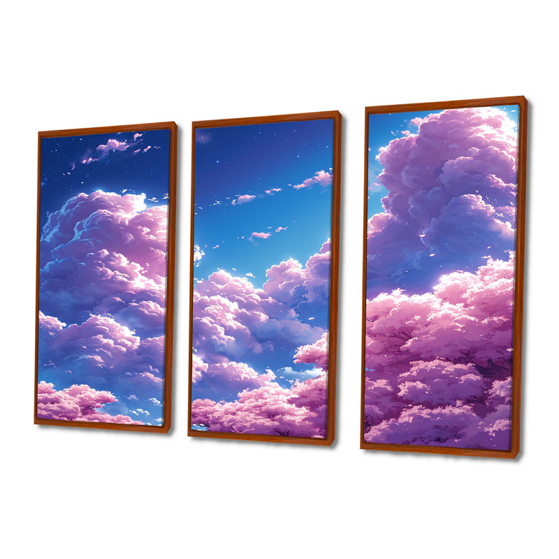 Ensemble de salon art mural nuage rose, H 28 po x l 36 po x P 1 po, Cadre flottant brun