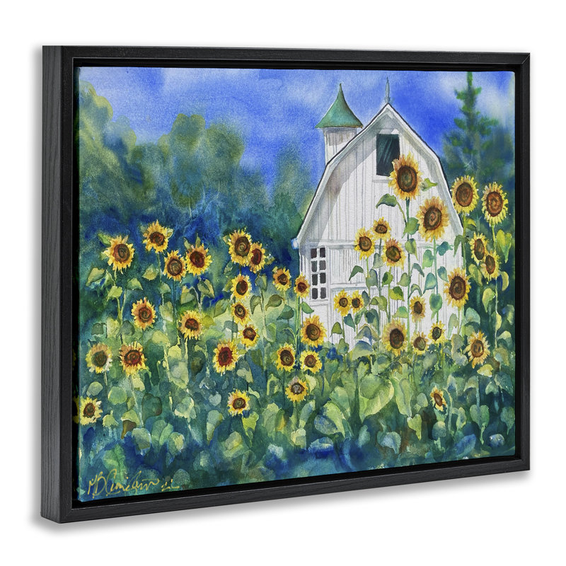Hauts tournesols et grange campagnarde, H 25 po x l 31 po, Cadre flottant noir de jais