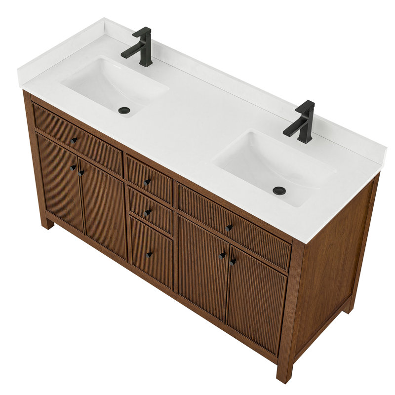 Elan TK 66" Freestanding Double Bathroom Vanity with Cultured Marble Top, White Cultured Marble, Dark Walnut, Brushed Gold