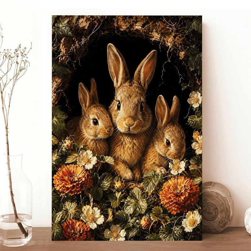 Toile, art mural, trois lapins dans un trou de jardin de fleurs, impression sur affiche rétro, décoration intérieure